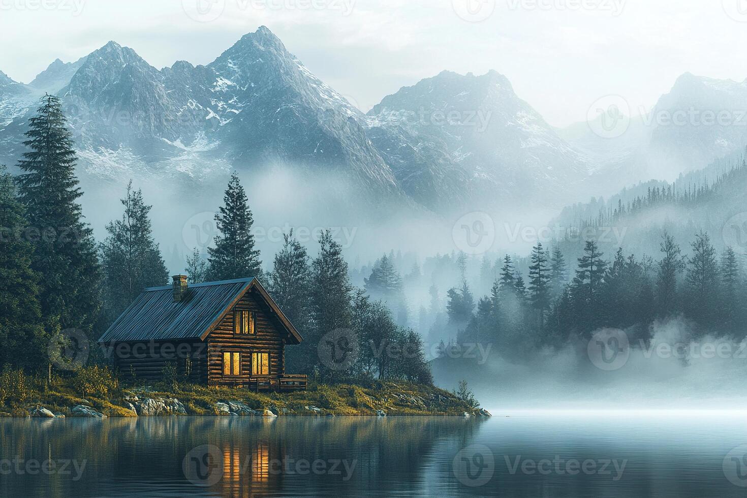 Nestled in a remote wilderness, the rustic wooden cabin glows softly against the backdrop of misty mountains and dense pine forest. This tranquil location invites relaxation and reflection photo