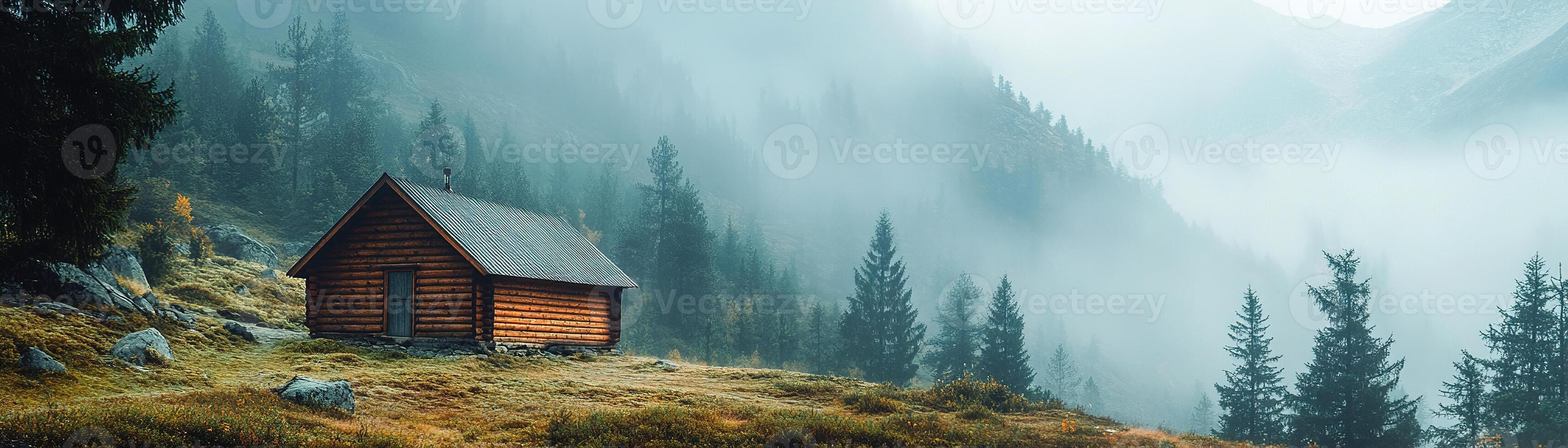 Nestled in a tranquil wilderness, a rustic wooden cabin stands amid towering pine trees and mist-covered mountains, offering a peaceful retreat and inviting fresh air photo