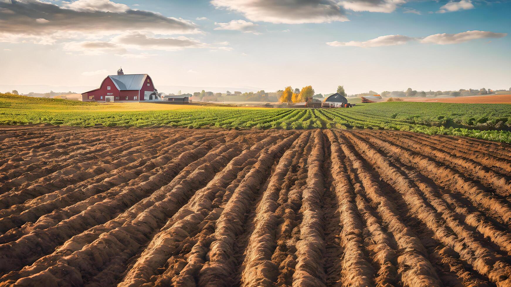 Rural landscape with red barn and plowed agricultural field at sunset photo