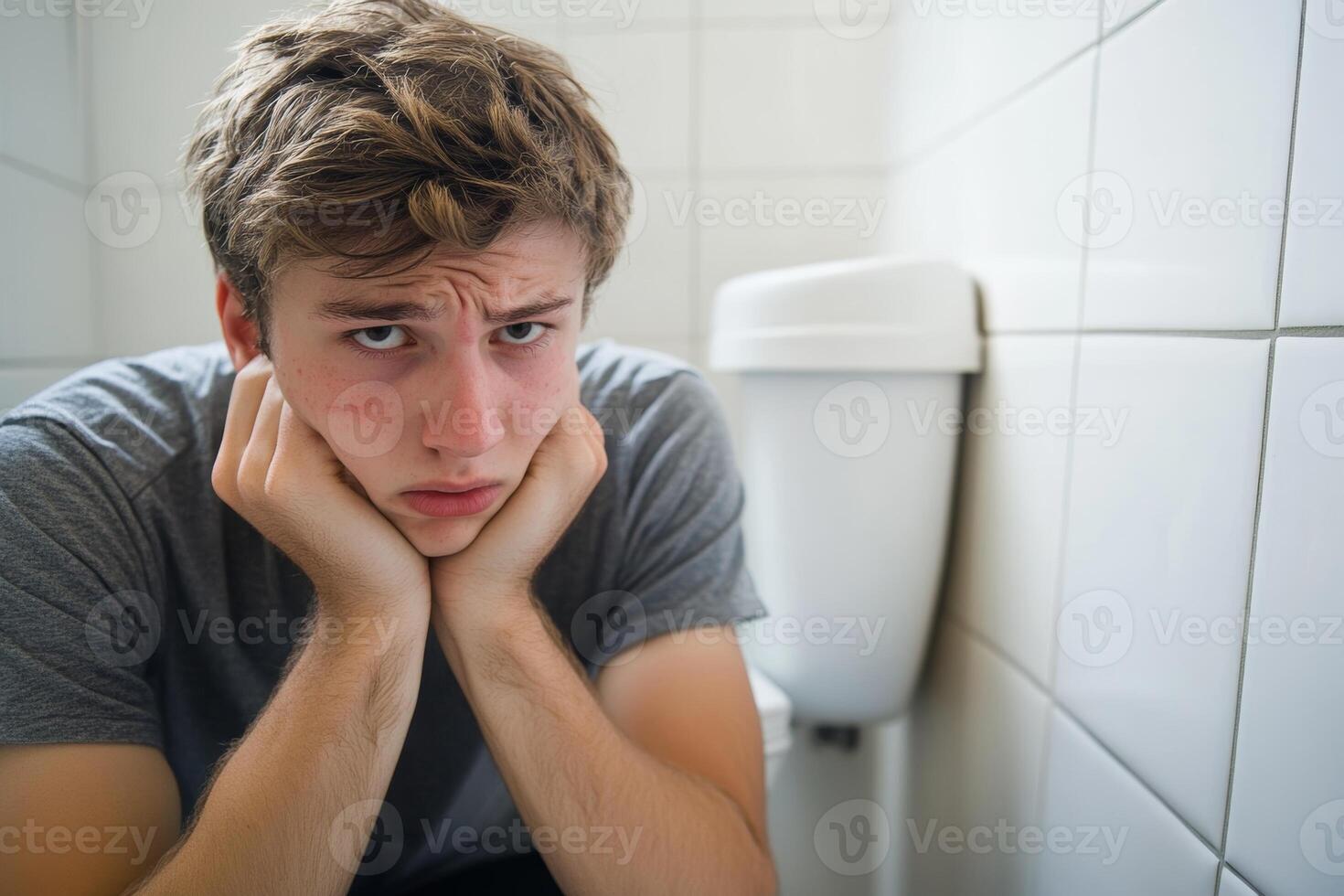 A young man sits on the bathroom floor looking worried and uncomfortable near a toilet during a distressing moment .Constipation, digestive problems concept. photo