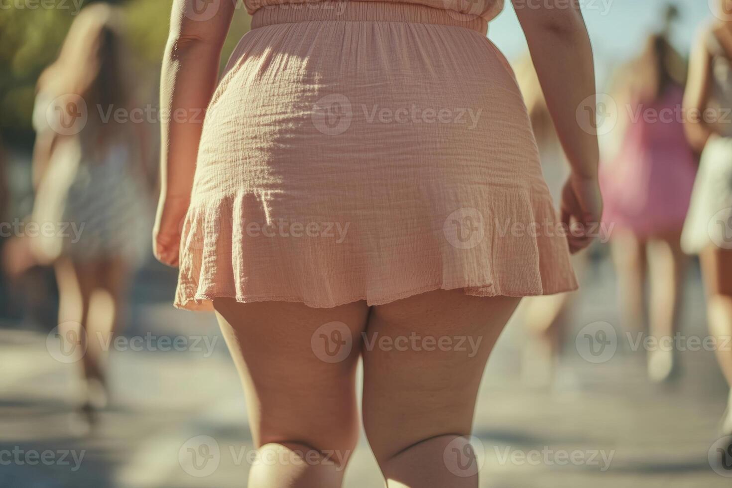 A group of women wearing summer dresses walking on a sunny day in a vibrant outdoor market. The problem of excess weight in society photo