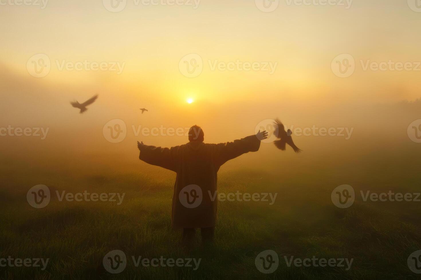 A person stands with arms outstretched at sunrise, surrounded by birds in a foggy field during early morning hours photo
