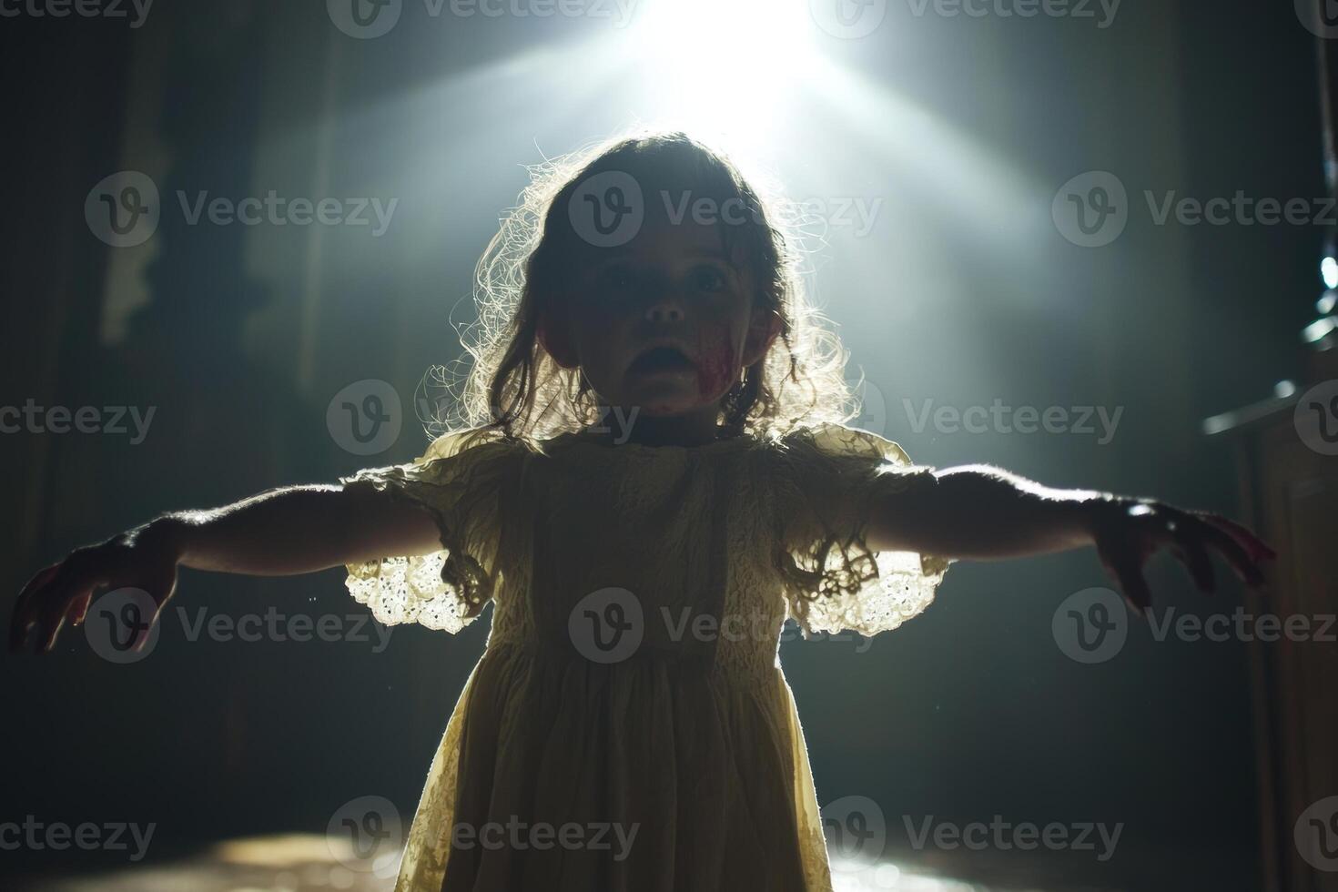 A little girl in a glowing yellow dress stands in a dark room with arms outstretched, creating an eerie and mysterious atmosphere photo