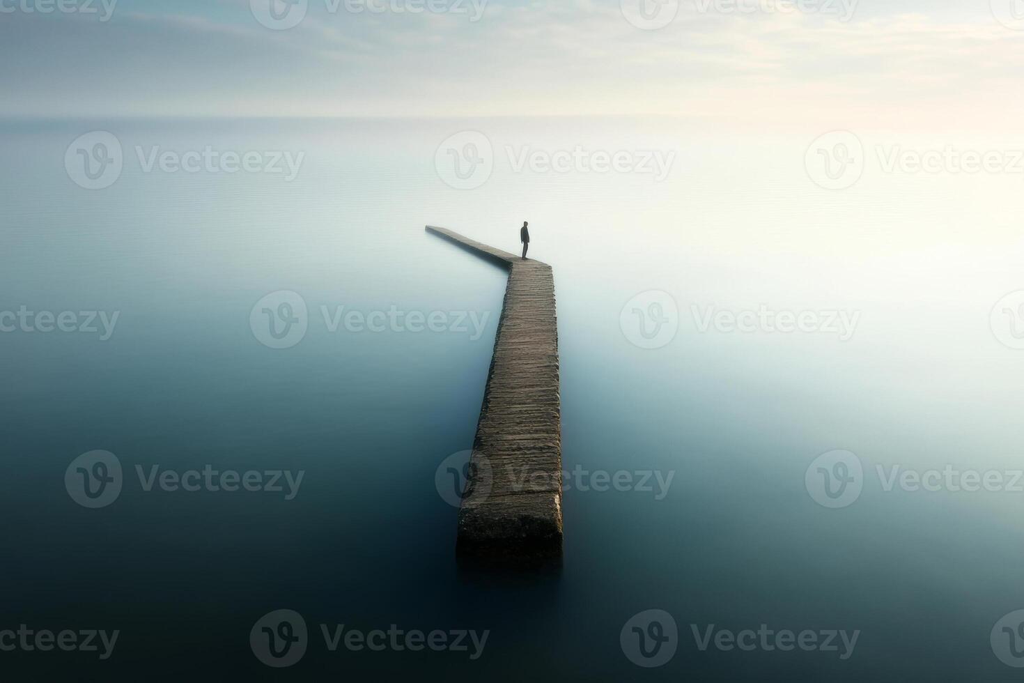 A solitary figure stands on a long pier extending into calm waters at dawn, evoking tranquility and reflection photo