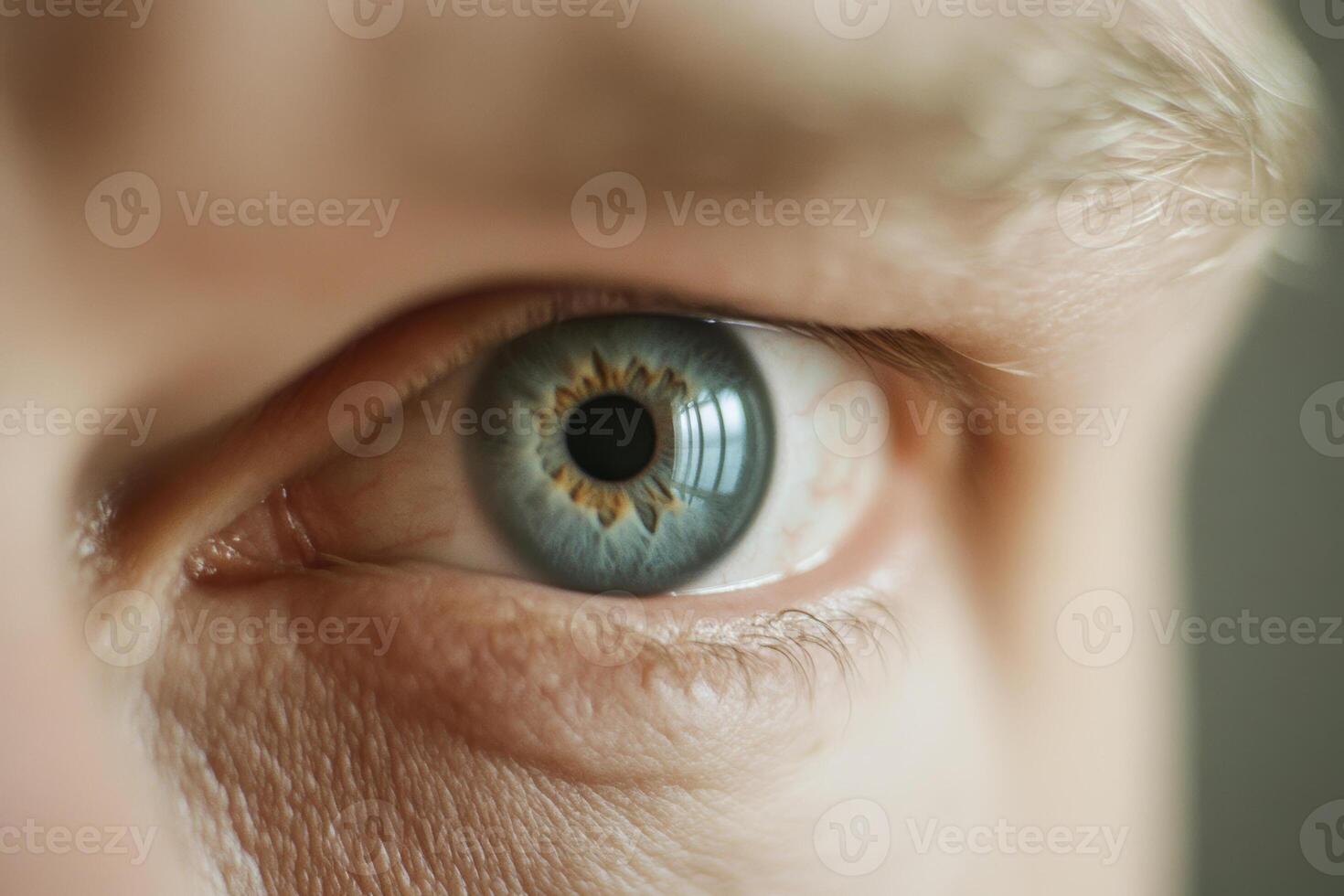 A close-up view of a human eye with striking blue iris and a unique pattern, showcasing the reflection of light in a natural setting photo