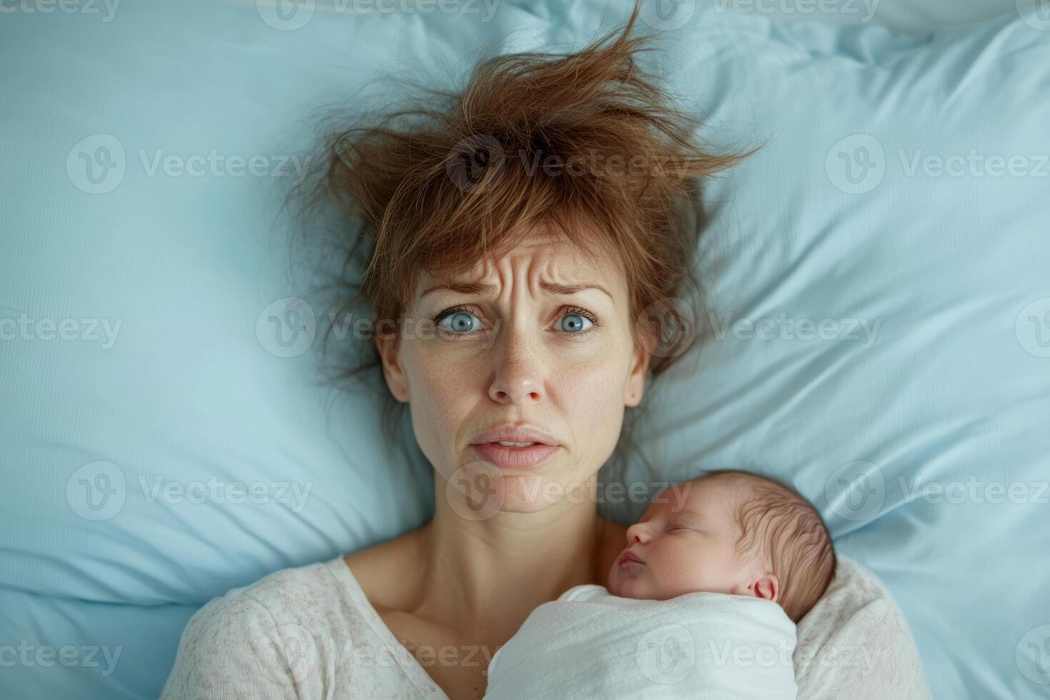 A woman holding a baby in bed photo