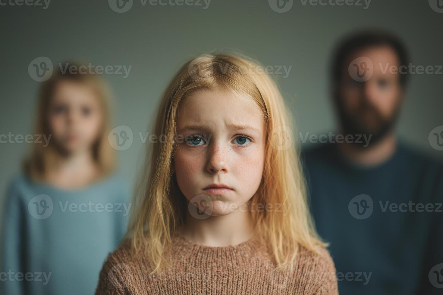 A solemn girl stands in the foreground with a worried expression, while figures linger in the background in a subdued setting photo