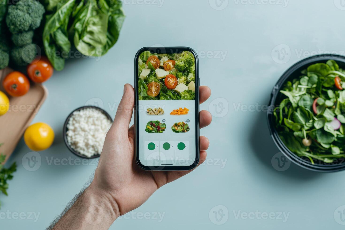 A man holds a smartphone with a delivery app among fresh vegetables and herbs on a kitchen table. photo