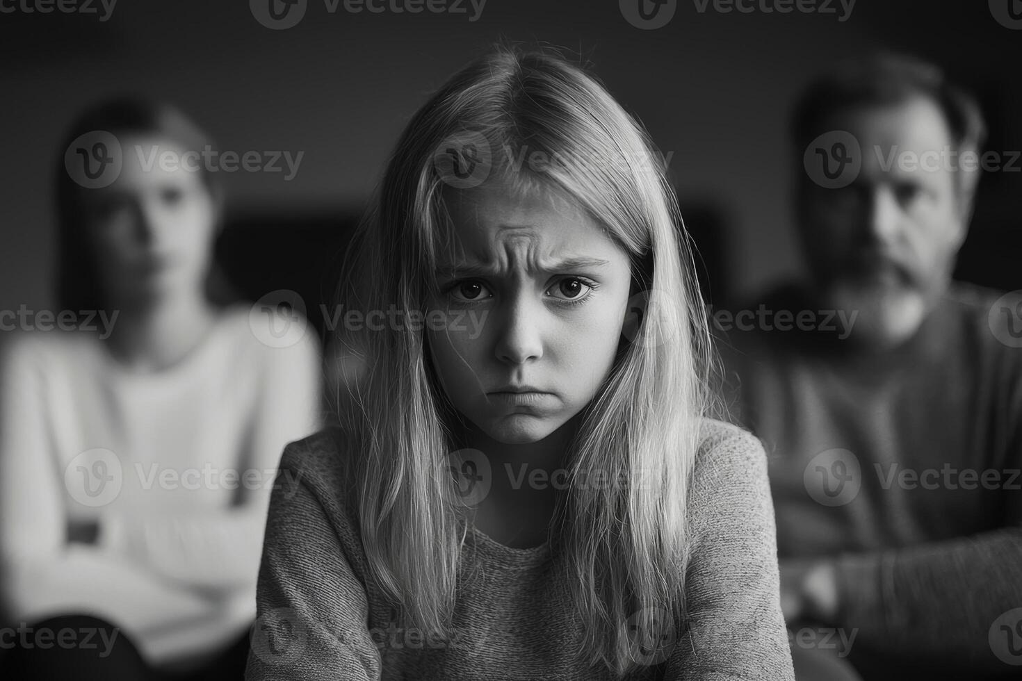 A young girl sits in the foreground with a serious expression while her parents appear distressed in the background photo