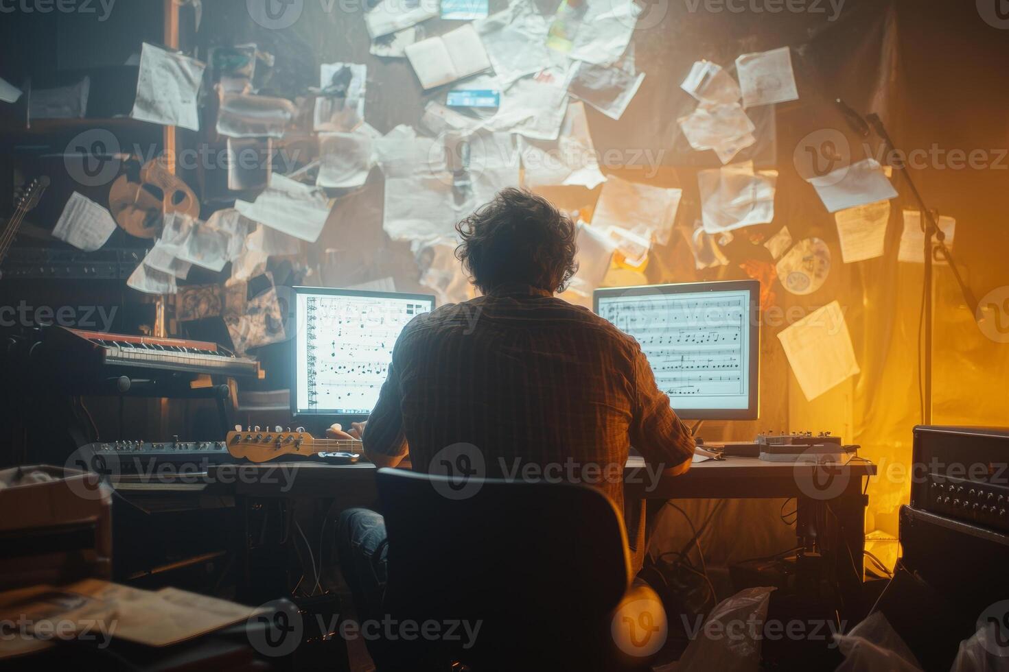 A musician composing electronic music in a dimly lit studio surrounded by handwritten notes and musical instruments photo