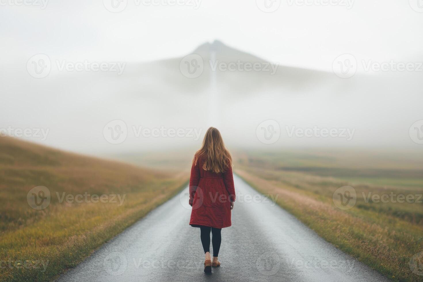A woman in a red coat walks down a misty road surrounded by green hills and a distant waterfall on a cloudy day photo