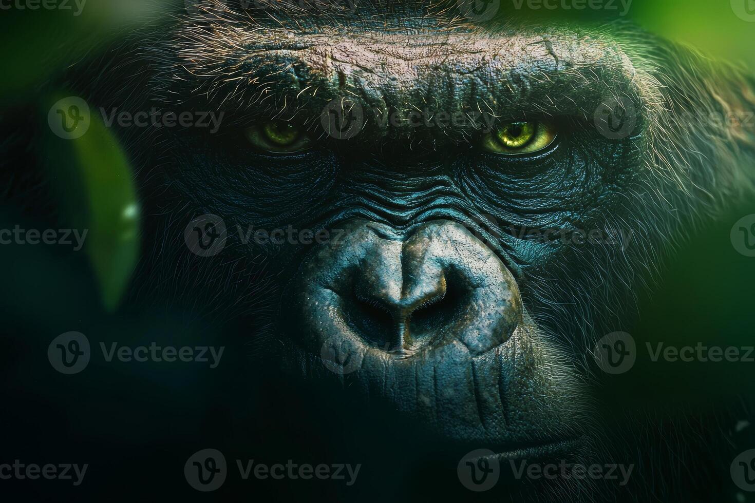 A close-up view of a gorilla peering through foliage in a lush jungle photo
