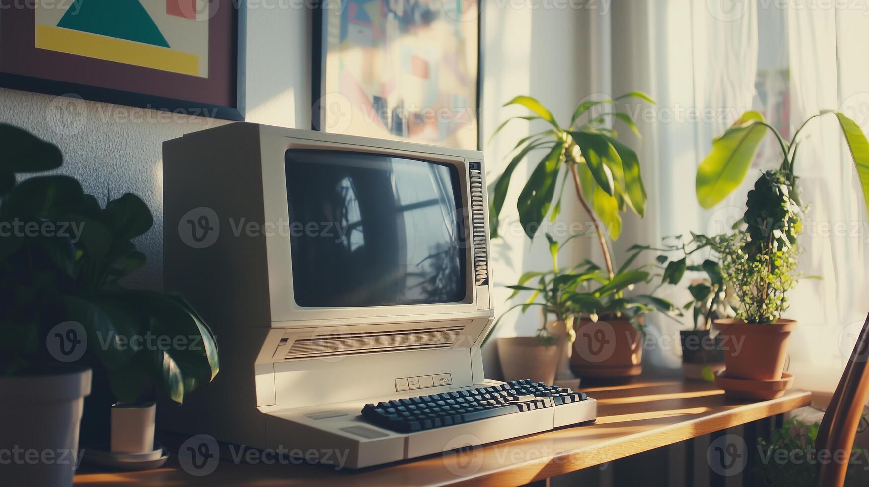 A vintage computer sits on a desk photo