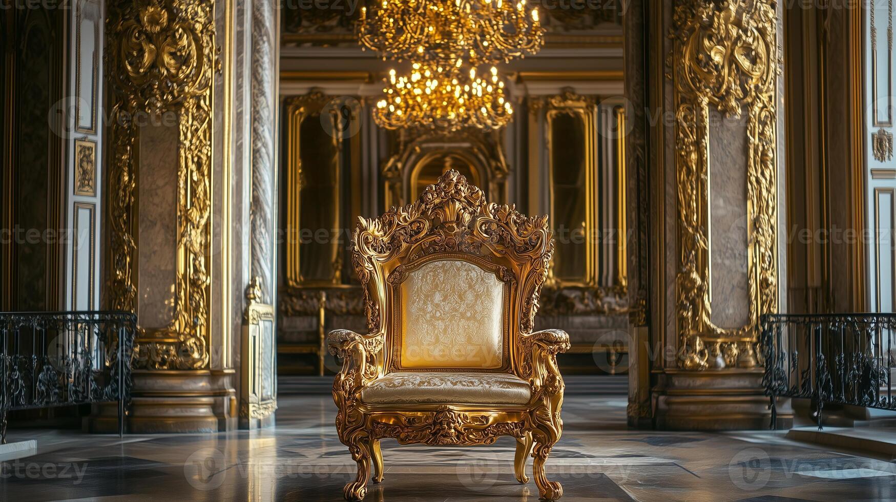Ornate majestic gold throne in a grand hall photo