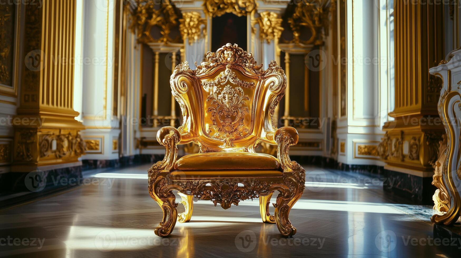 Ornate gold throne in a grand hall royalty photo