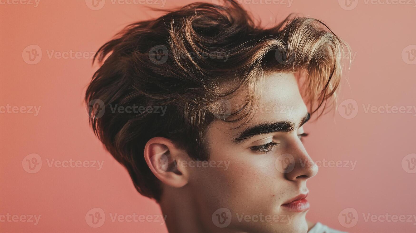 A young man with styled hair looking down photo