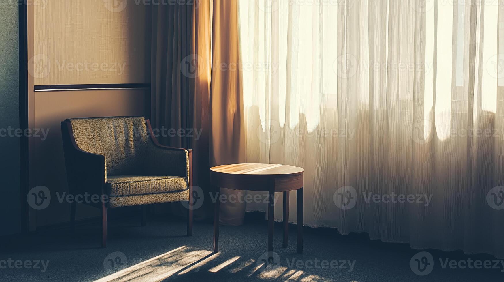 Empty chair and sofa iin front of small table photo