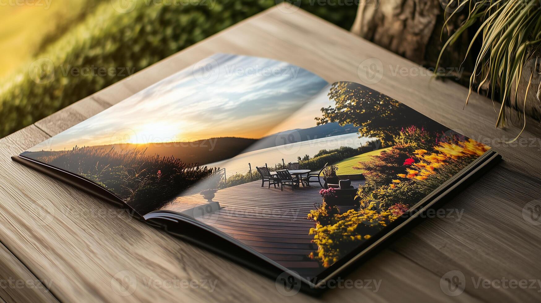 A softcover photo book open