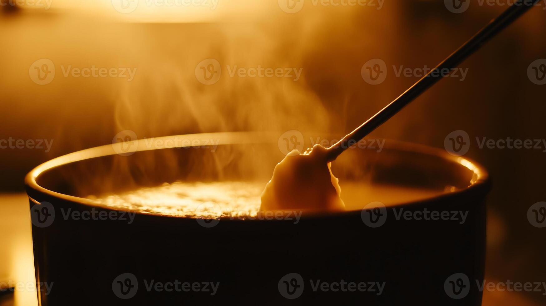 Delicious cheese pull from a fondue pot, captured in a warmly lit setting photo