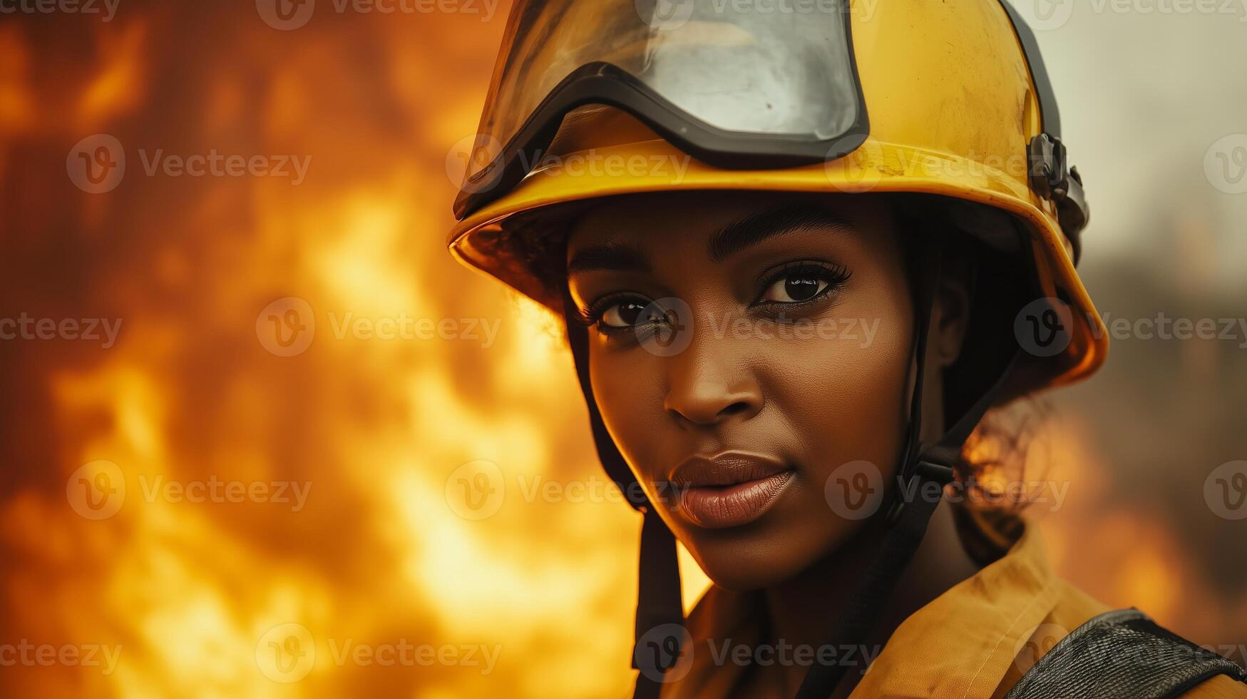 Determined black woman firefighter in helmet battling blaze horizontal photo