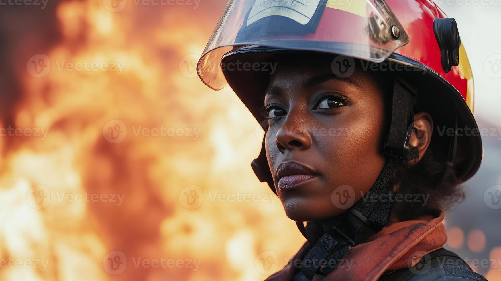 Determined black woman firefighter in helmet battling blaze photography photo