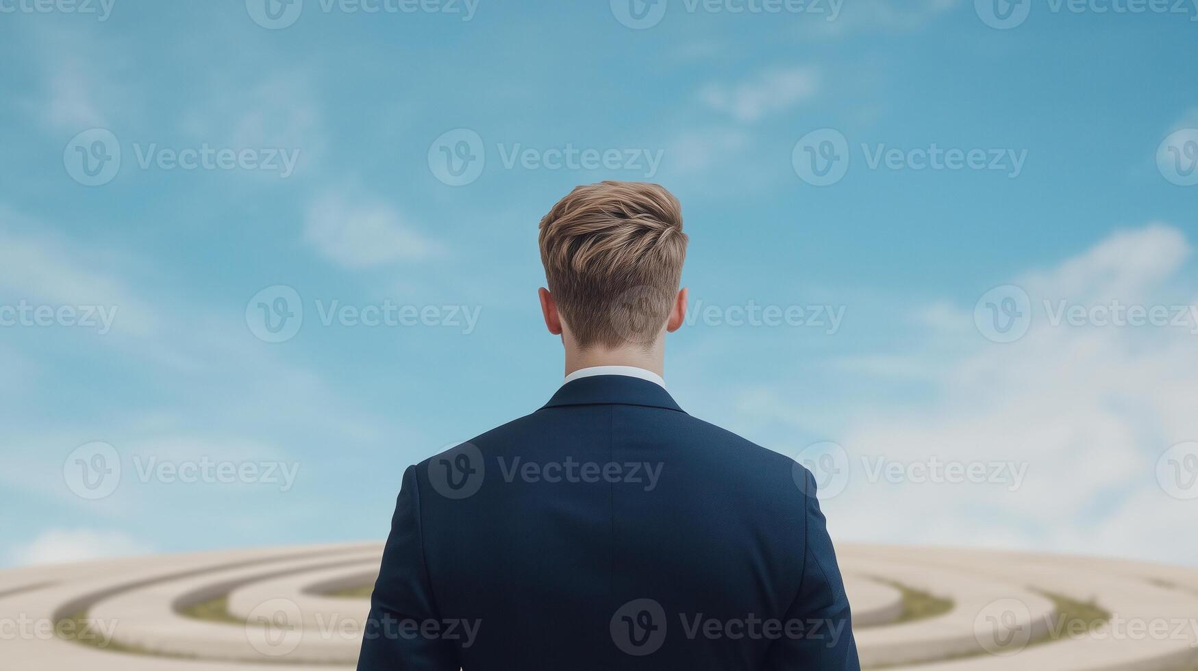 Businessman Standing Before Maze Shaped Like Dollar Symbol Under Blue Sky Reflecting Financial Challenge and Opportunity Concept photo