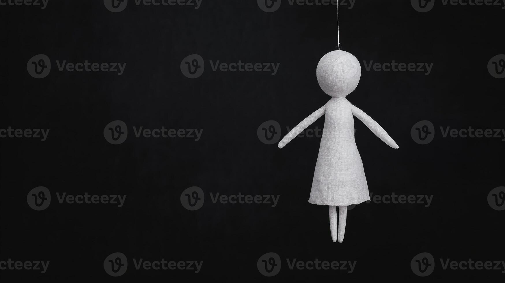 Concept of Control with Marionette Figurine Hanging on Black Background Representing Manipulation and Puppet Dynamics for Artistic and Psychological Themes in Stock Photography photo