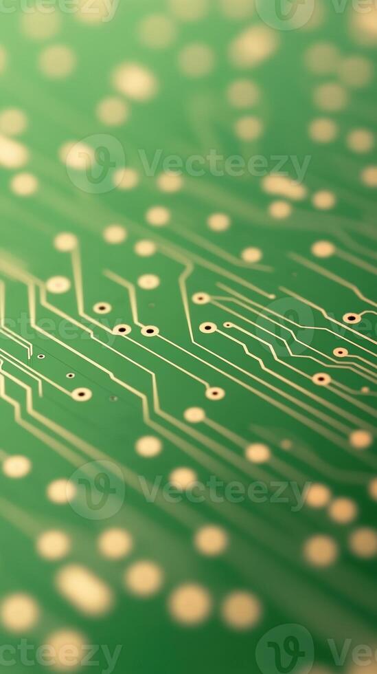 Extreme Close Up of Green Printed Circuit Board with Electronic Lines Focusing on Chip Connections and Components in High Detail for Technology and Engineering Concepts photo