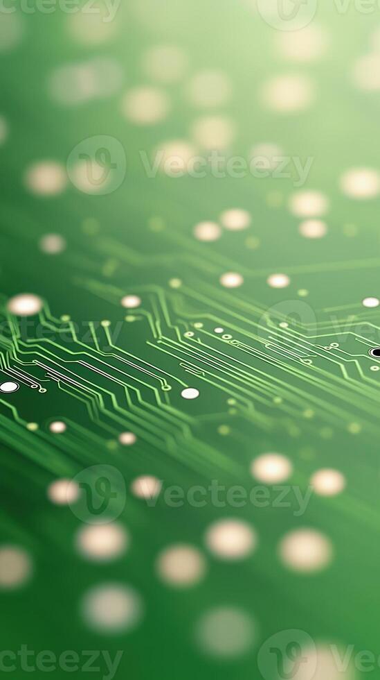 Extreme Close Up of Green Printed Circuit Board with Electronic Traces and Components in Abstract Technology Style, Highlighting Modern Engineering and Innovation in Integrated Circuit Design photo
