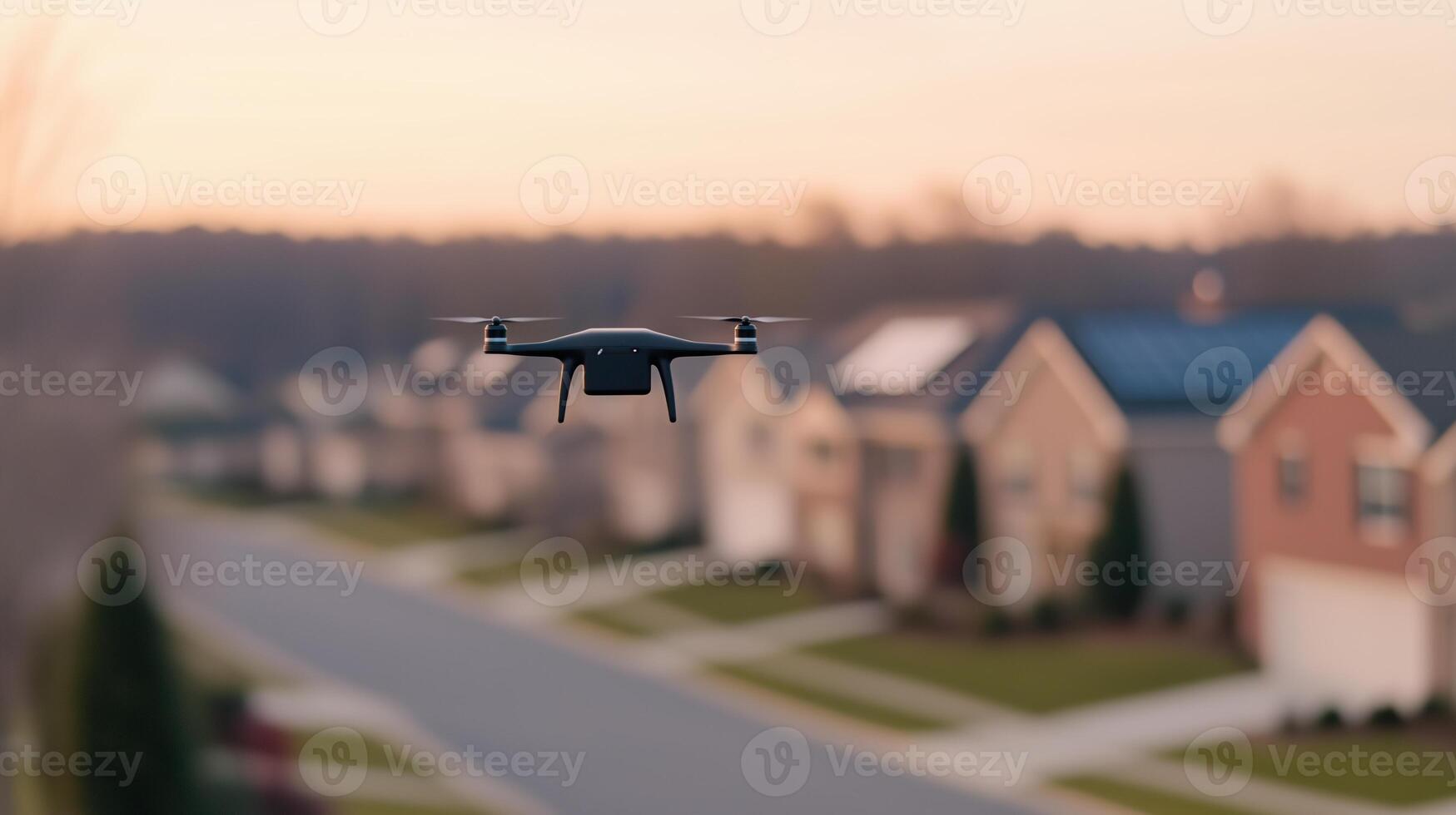 Drone Delivering Packages Over Suburban Neighborhood at Sunrise with Houses and Trees Blurred in Background for Modern Technology and Delivery Concept photo