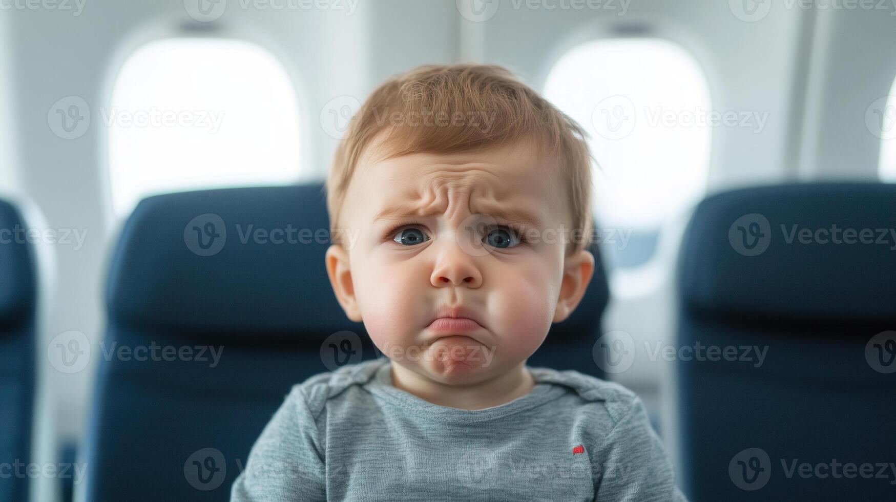 Crying Baby on Airplane Highlighting Discomfort and Stress During Travel with Child on Plane, Focus on Facial Expression and Feelings photo