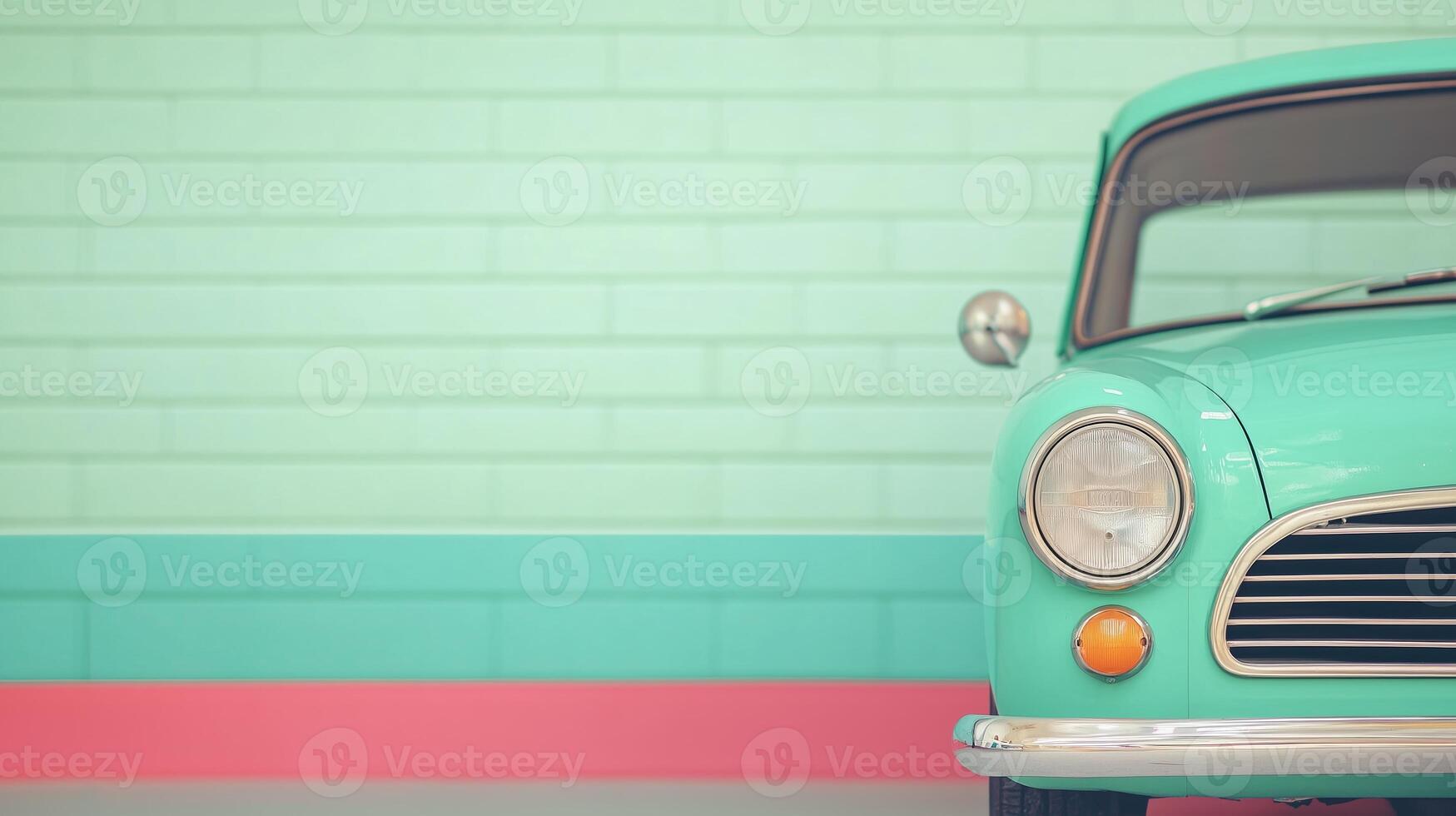 Front Part of Green Vintage Car Being Refueled at Retro Gas Station with Mint Brick Background Wall Scene photo