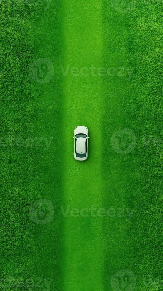 Aerial View of Single Car Driving on Vibrant Green Grass Path Creating Striking Contrast Between Natural Landscape and Automotive Design in Minimalist Aesthetic photo