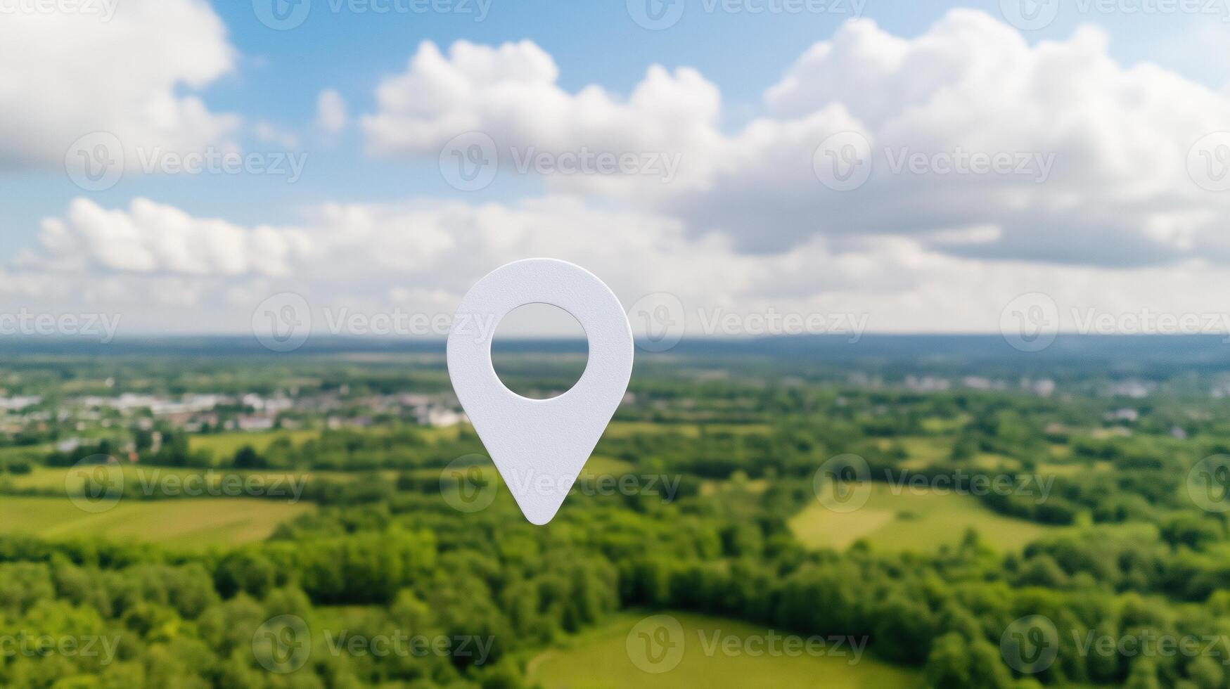 White map location pin hovering above a green countryside landscape under a blue sky with clouds Concept of navigation and geolocation for design and print photo