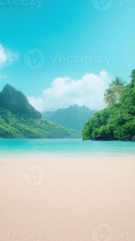 Tropical Paradise Beach with Turquoise Waters and Lush Greenery Under Clear Blue Sky Ideal for Travel Agencies and Vacation Getaways photo