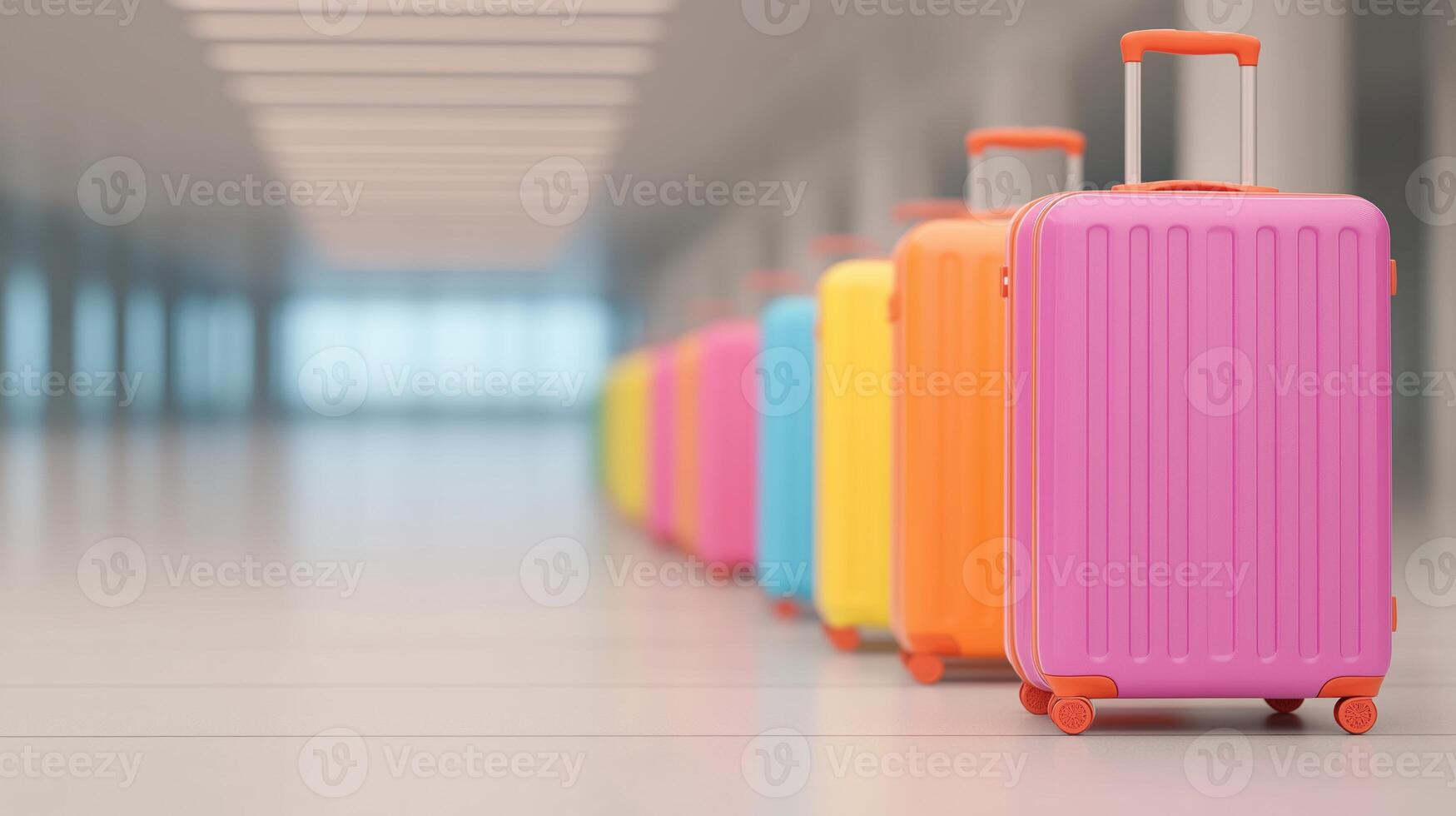 Colorful Suitcases in Airport Hallway for Travel Concept with Vibrant Vacation Vibes, 3D Rendering, Featuring Orange, Pink, Yellow, and Blue Luggage in Modern Design Setting photo