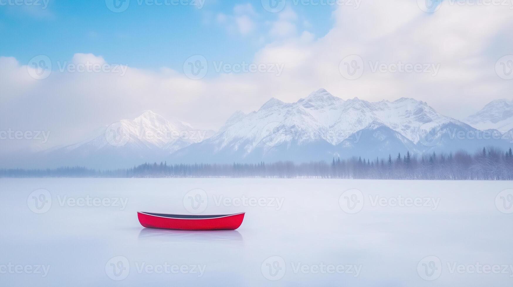 Tranquil Winter Mountain Landscape with Red Canoe on Snowy Lake Under Cloudy Blue Sky photo