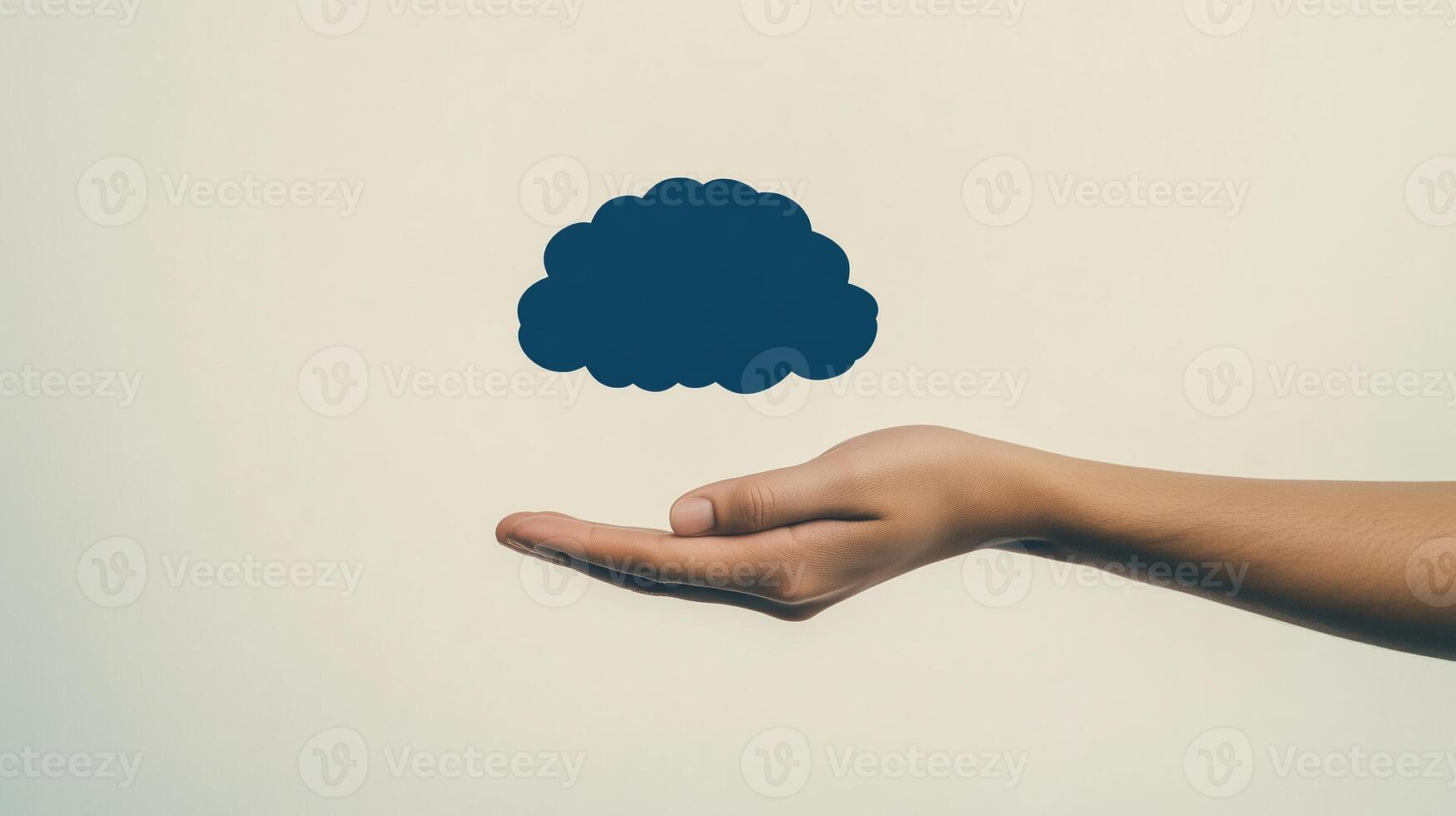 Weather Control Hand holding a dark cloud icon floating above the palm against a neutral background Conceptual representation of cloud computing and digital technology for design and print photo