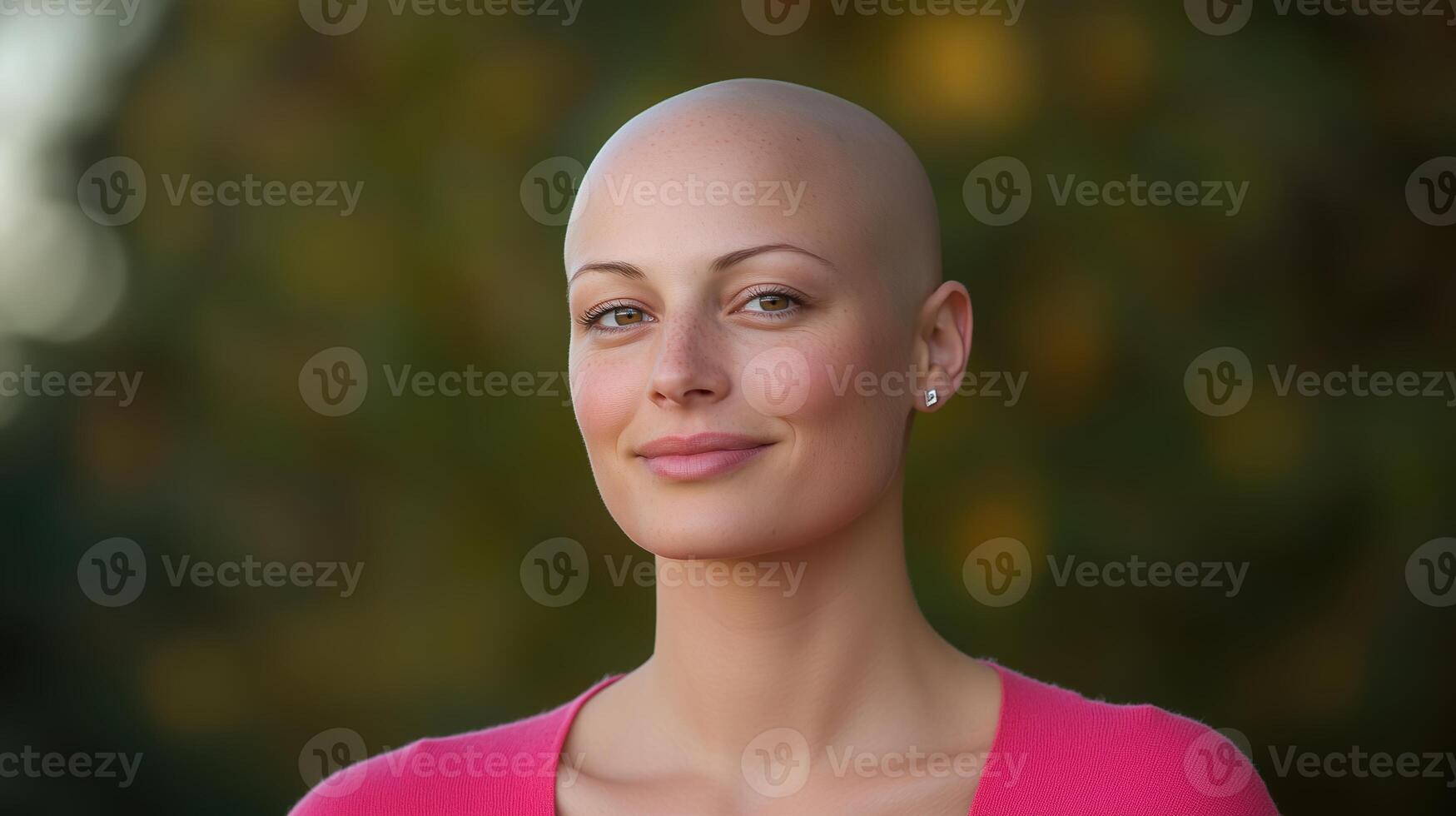 Woman with Alopecia Smiling Confidently in Soft Light Wearing Pink Against Natural Green Background photo