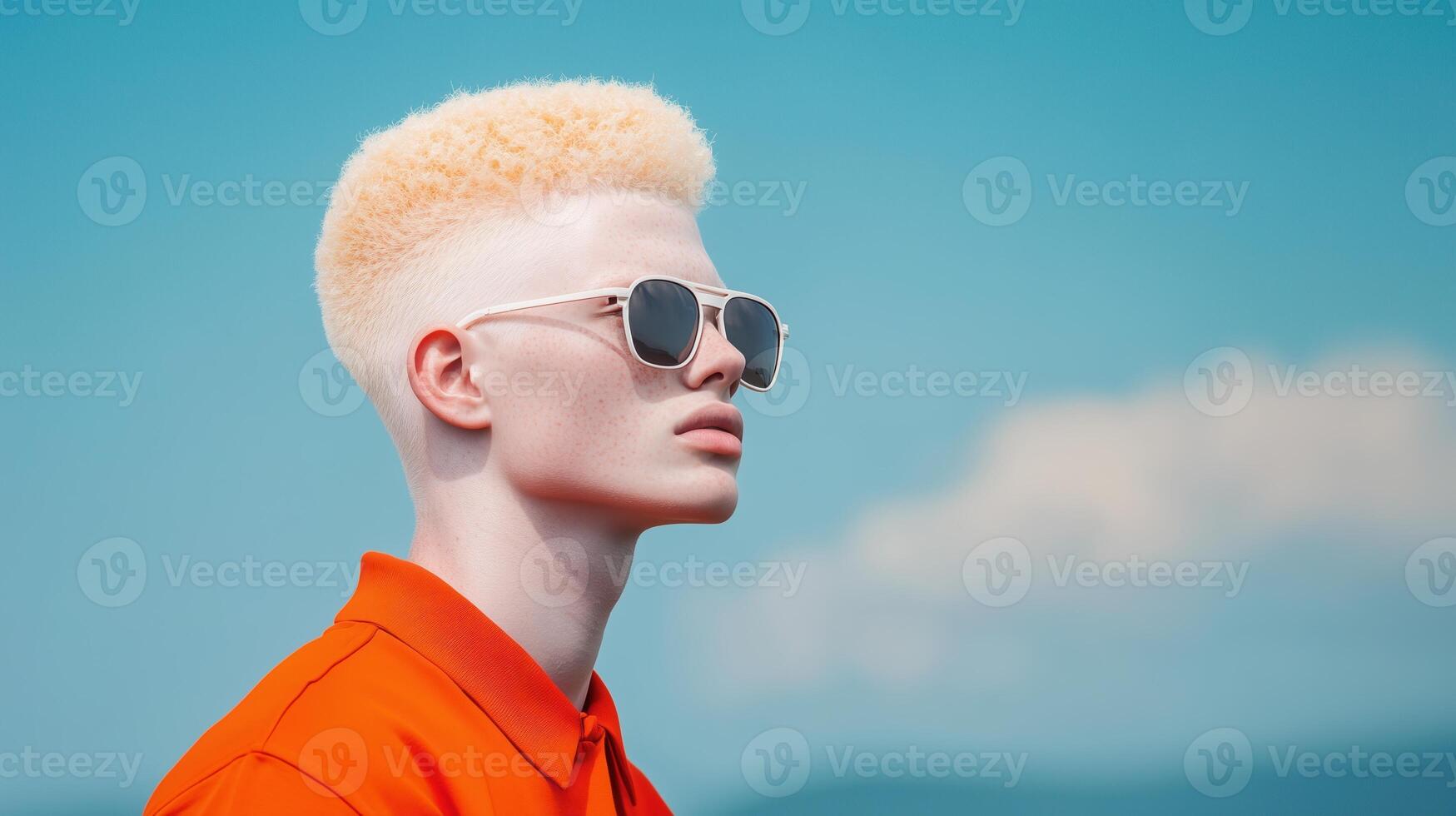 Stylish Portrait of a Person with Albinism in Vibrant Orange Against Clear Blue Sky, Emphasizing Unique Features and Modern Fashion Trends with Sunglasses photo