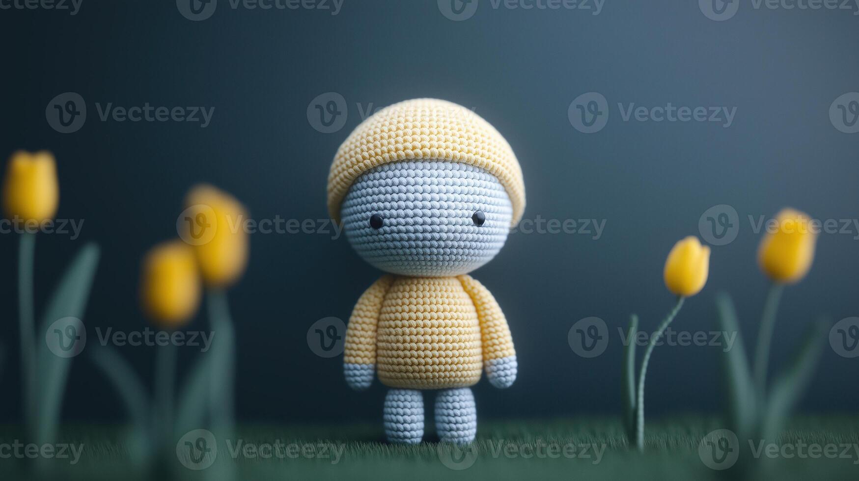 Amigurumi Style Minimalism Raw Doll Among Yellow Tulips in Soft Focus Effect on Dark Background, Capturing Intricate Handcrafted Crochet Details for Creative Design and Art Inspiration photo