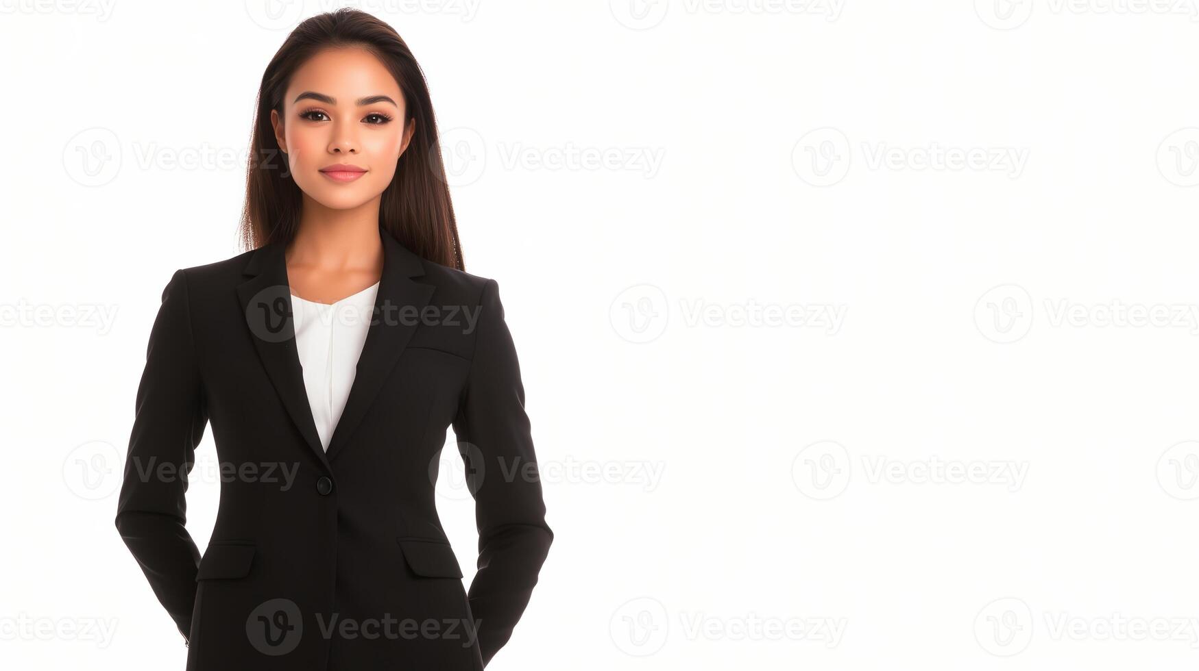 Elegant Asian Woman in Formal Business Suit Full Body Shot with Confident Pose Highlighting Professionalism and Style in Studio Setting on Minimalistic White Background photo