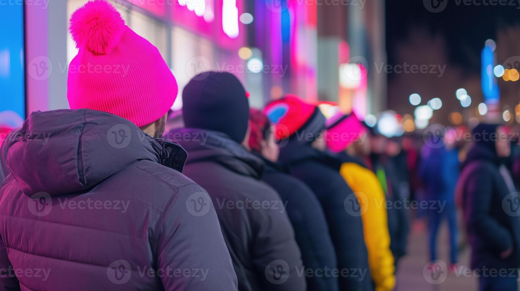 Black Friday Shoppers Standing in Line Outside Store at Night with Colorful Hats and Winter Coats in Vibrant Neon Light photo