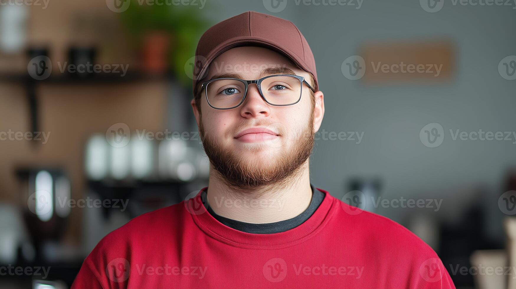 Young Man with Beard and Glasses Wearing Cap and Red Shirt in Cozy Cafe Setting, Smiling and Confidently Facing Camera, Warm Ambient Lighting in Background photo