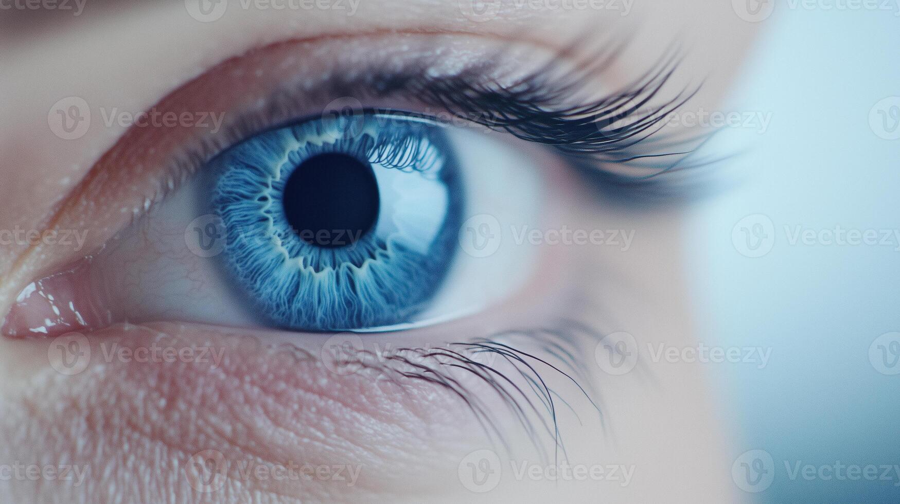 Close Up of Blue Human Eye Showing Intricate Iris Patterns and Detailed Eyelashes in High-Resolution Photography for Medical and Artistic Purposes, Highlighting Unique Eye Structures and Textures photo