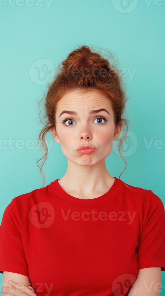 Portrait of Confused Woman Expressing Uncertainty in Red Shirt on Turquoise Background, Highlighting Quirky Expression and Curiosity photo