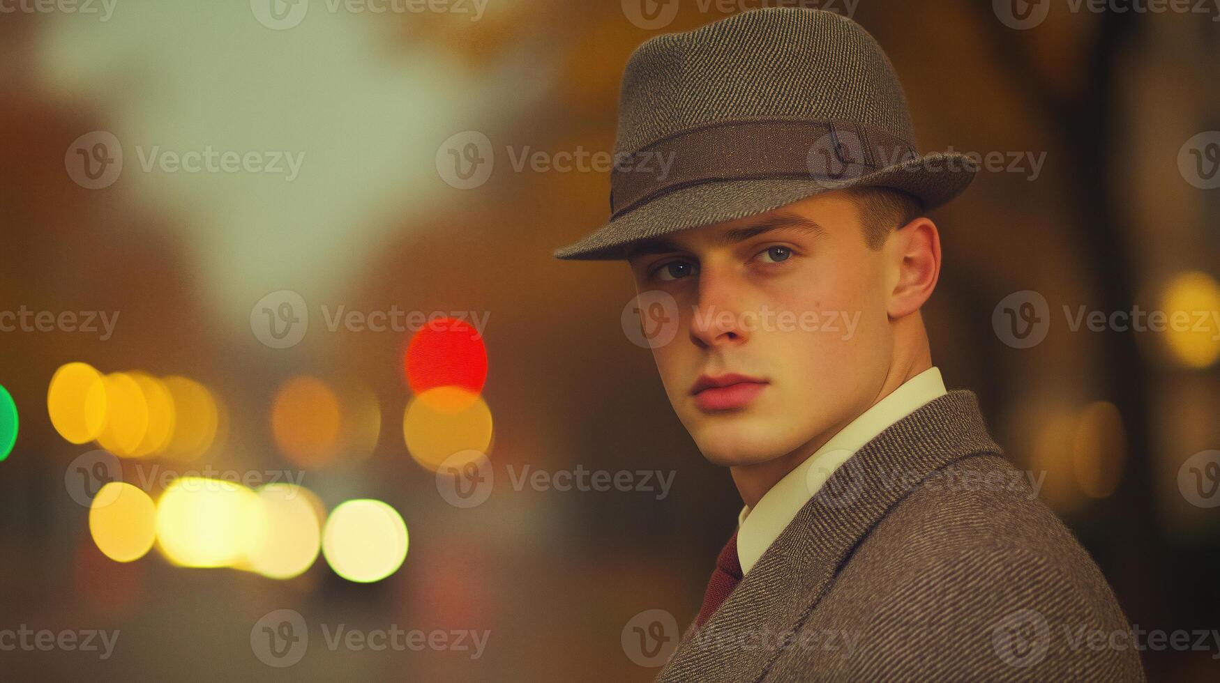 Stylish Autumn Evening Portrait of Man in Vintage Suit with Hat Amidst City Lights photo