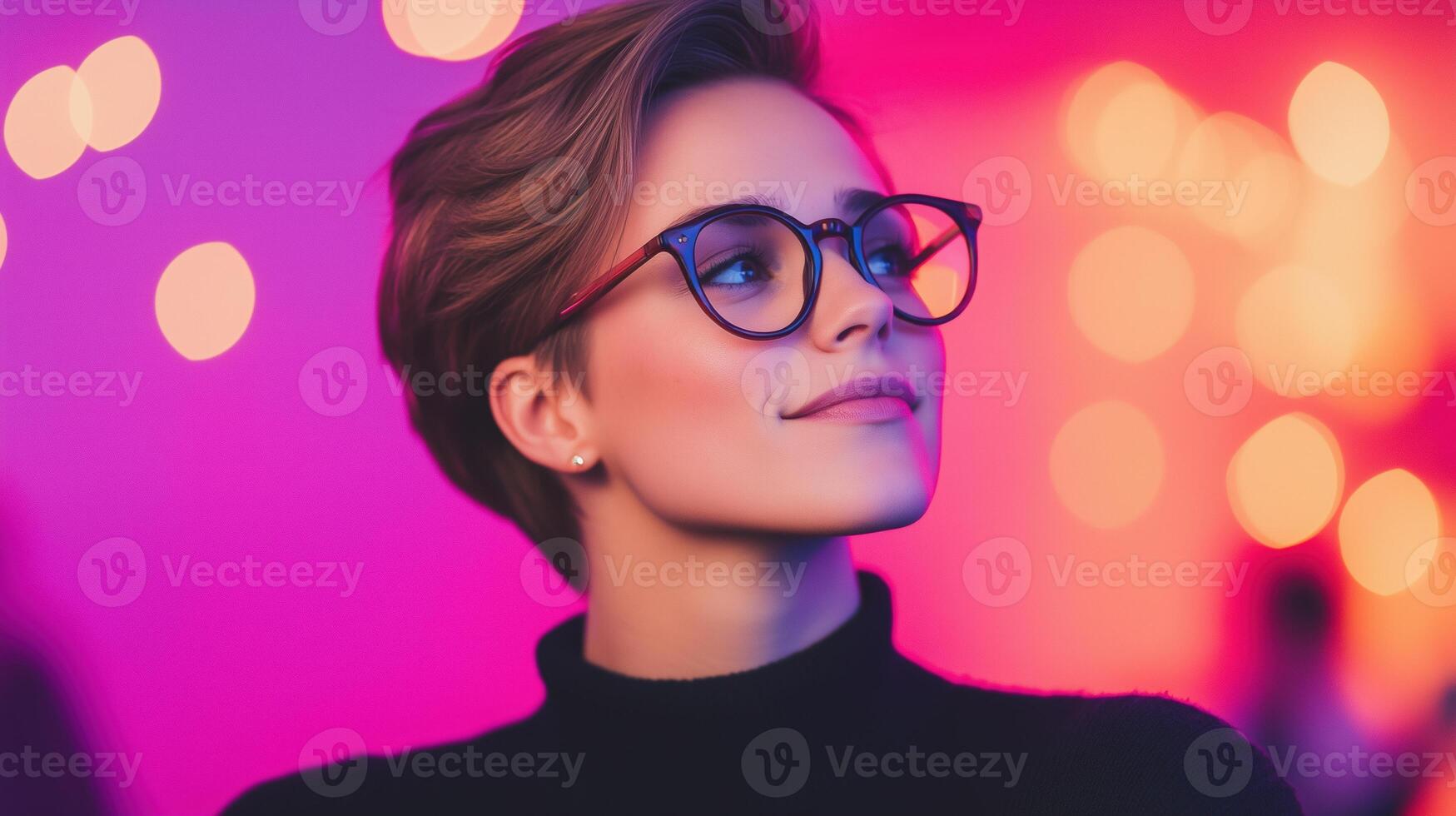 Confident Person Demiboy with Short Hair and Glasses Smiling in Vibrant Colorful Lighting with Bokeh Effect in Background photo