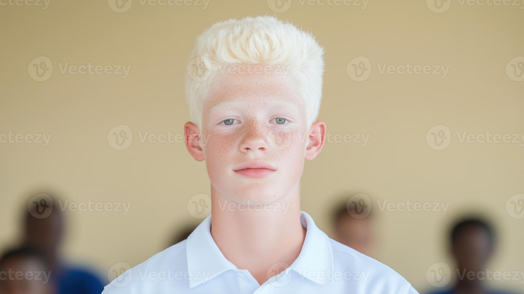 Confident Teenage Boy with Albinism in White Shirt Against Neutral Background, Focus on Portrait and Identity Expression photo