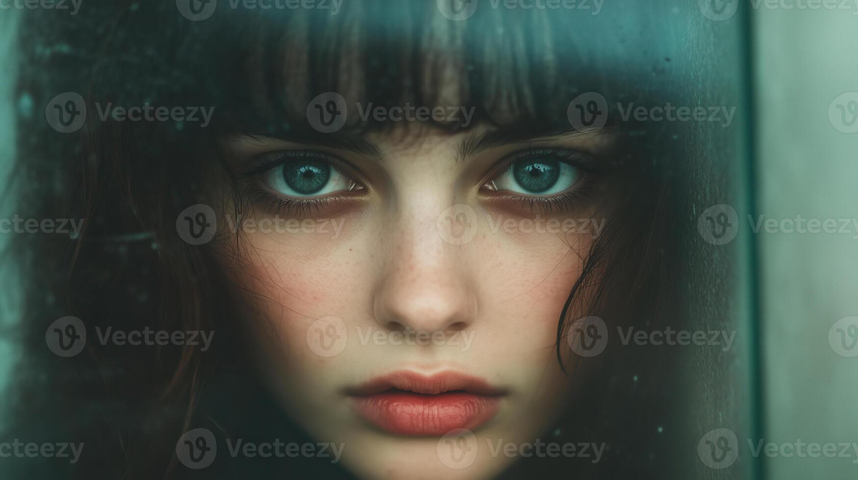 Portrait of a Woman Behind Glass with Intense Eyes, Expressing Emotion and Isolation Through Close-Up View, Capturing a Sense of Mystery and Depth in Moody Lighting with Focus on Expression photo